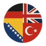 Rundes Bild von Flaggen. Beinhaltet der deutschen, britischen, bosnischen sowie einer türkischen Flagge.
